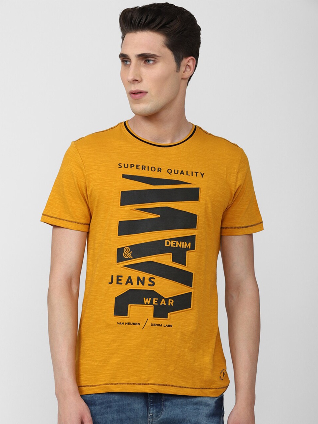 

VAN HEUSEN DENIM LABS Men Typography Printed Cotton T-shirt, Mustard