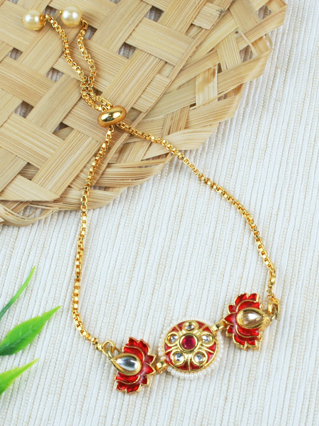 

Asthetika Kids Girls Gold-Toned & Red Kundan Gold-Plated Wraparound Bracelet