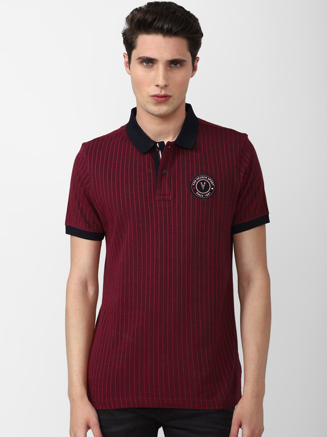 

Van Heusen Sport Men Striped Polo Collar Cotton T-shirt, Maroon