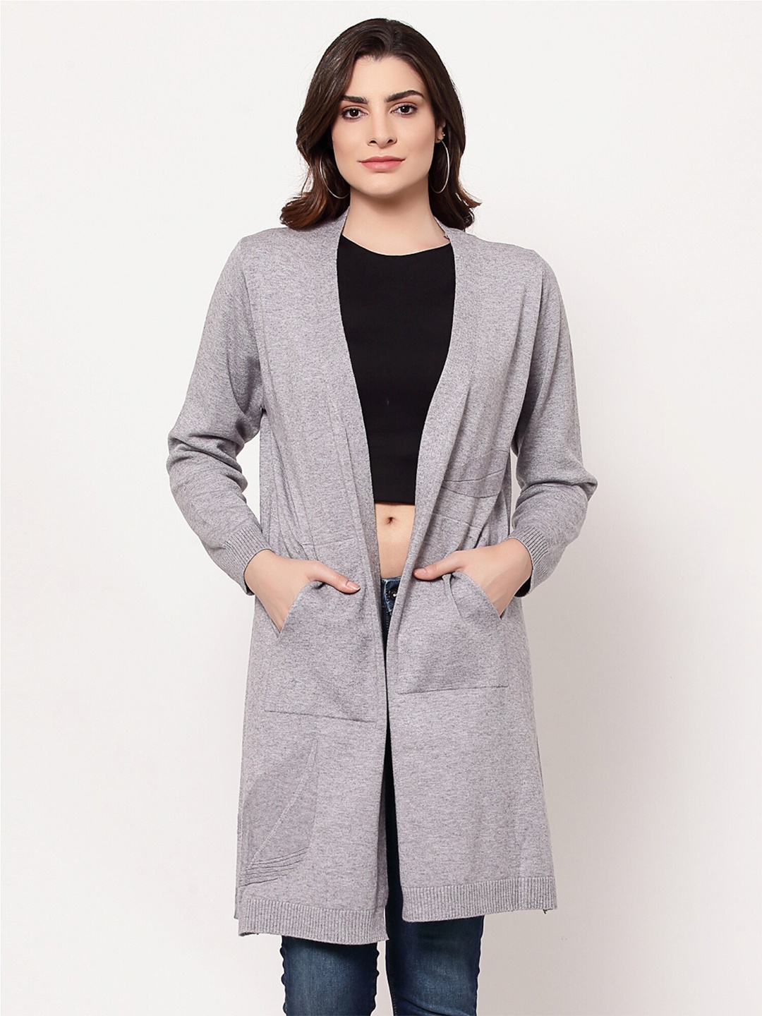 

Mafadeny Women Grey Longline Shrug