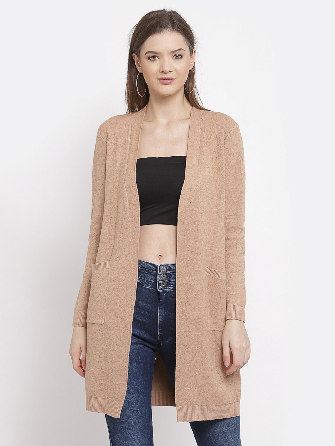 

Mafadeny Women Beige Longline Shrug