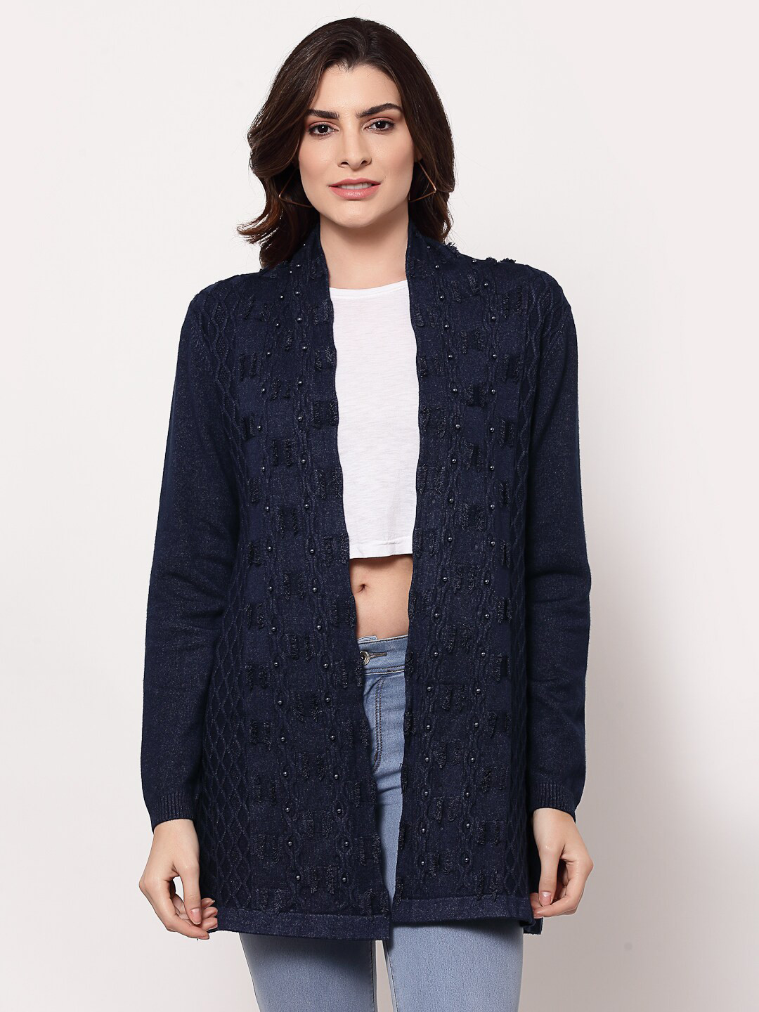 

Mafadeny Women Navy Blue Longline Shrug