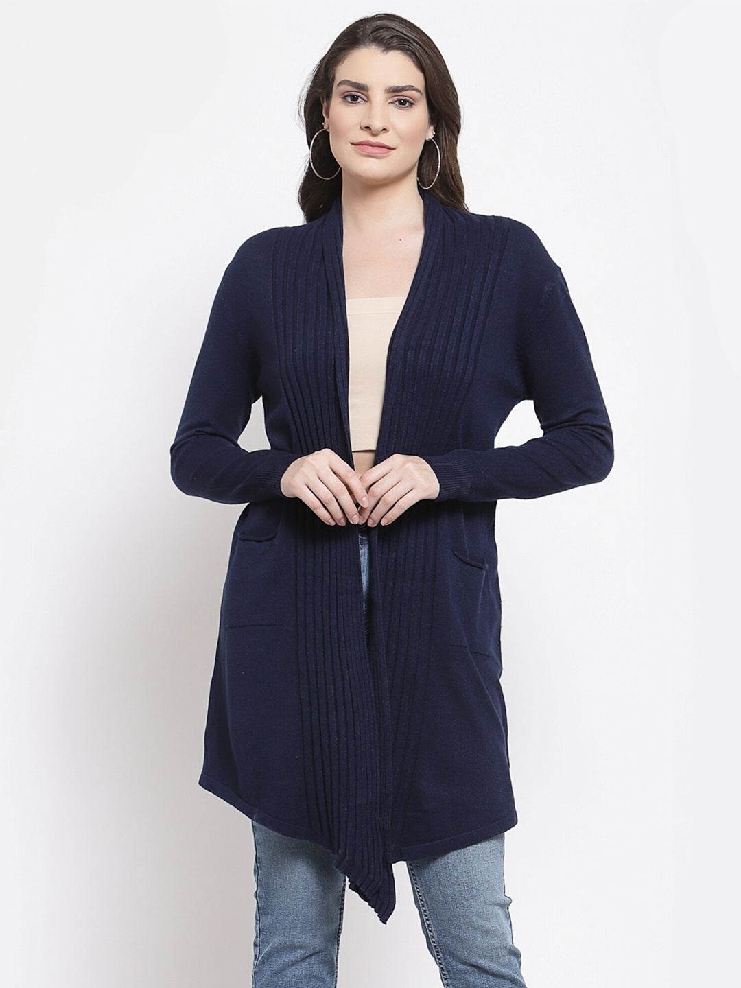 

Mafadeny Women Navy Blue Longline Shrug