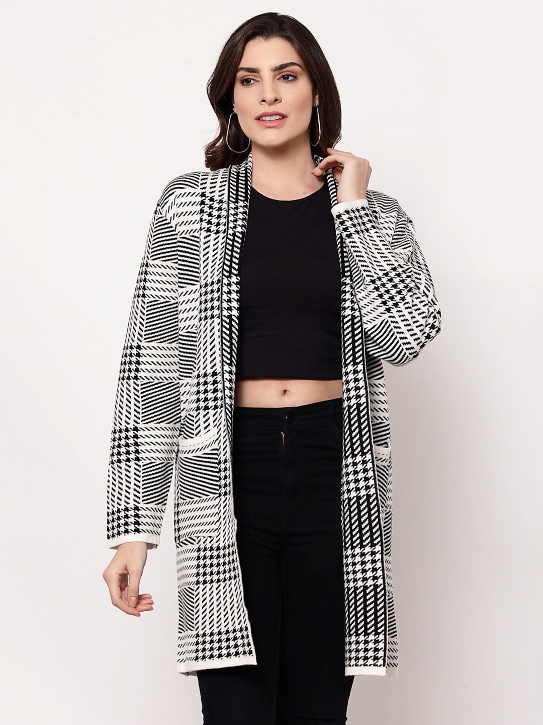 

Mafadeny Women White & Black Printed Longline Shrug