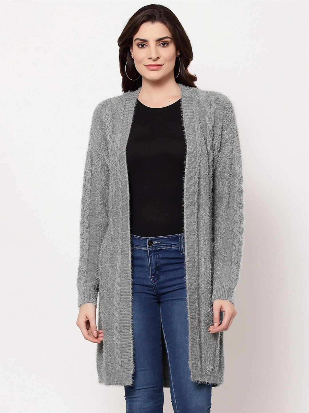 

Mafadeny Women Grey Longline Shrug
