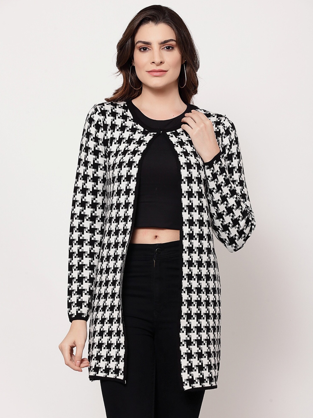 

Mafadeny Women White & Black Printed Longline Shrug