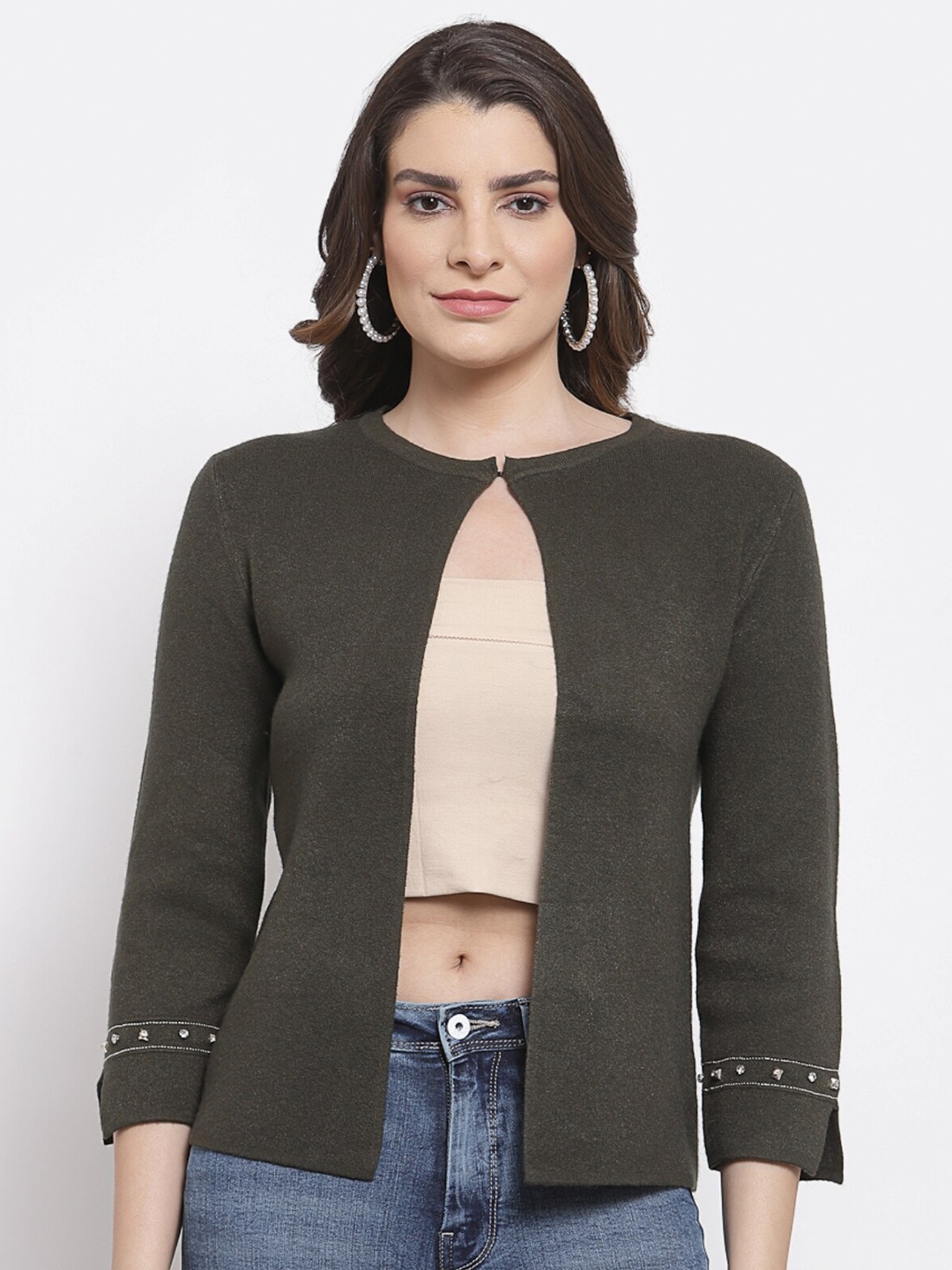 

Mafadeny Women Green Embellished Longline Shrug