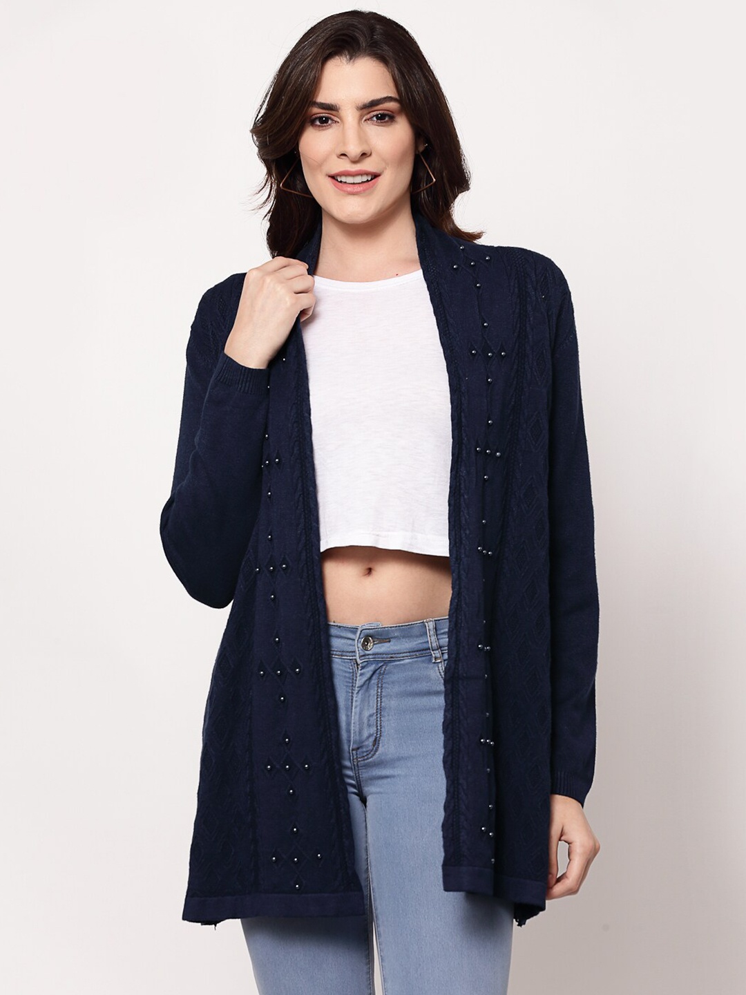

Mafadeny Women Navy Blue Longline Shrug