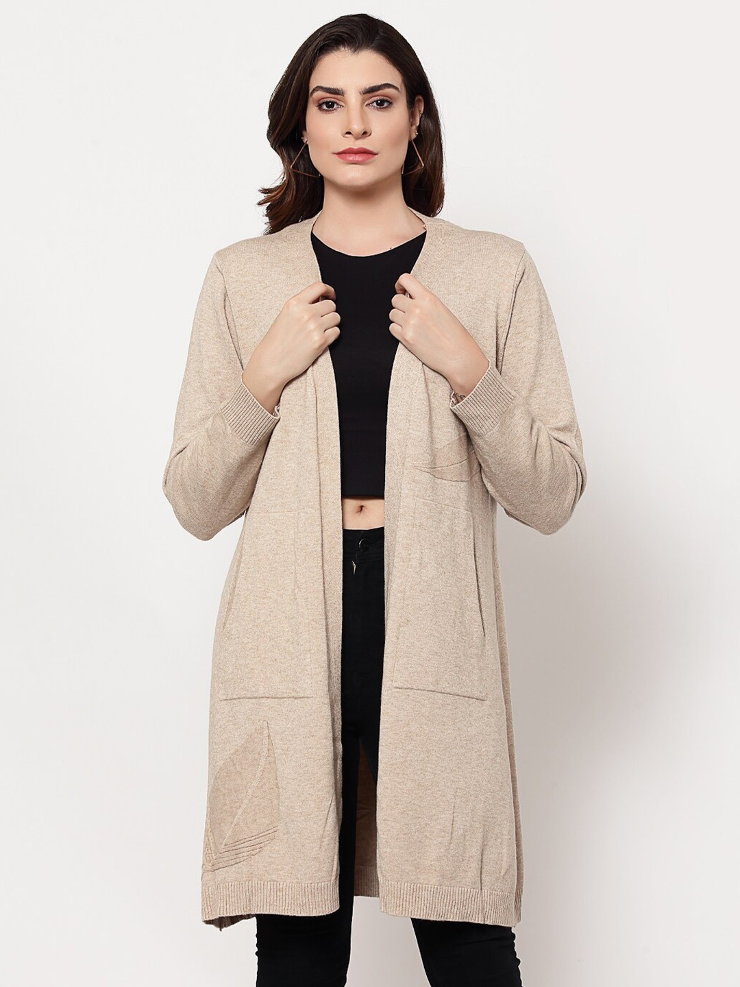 

Mafadeny Women Beige Longline Shrug