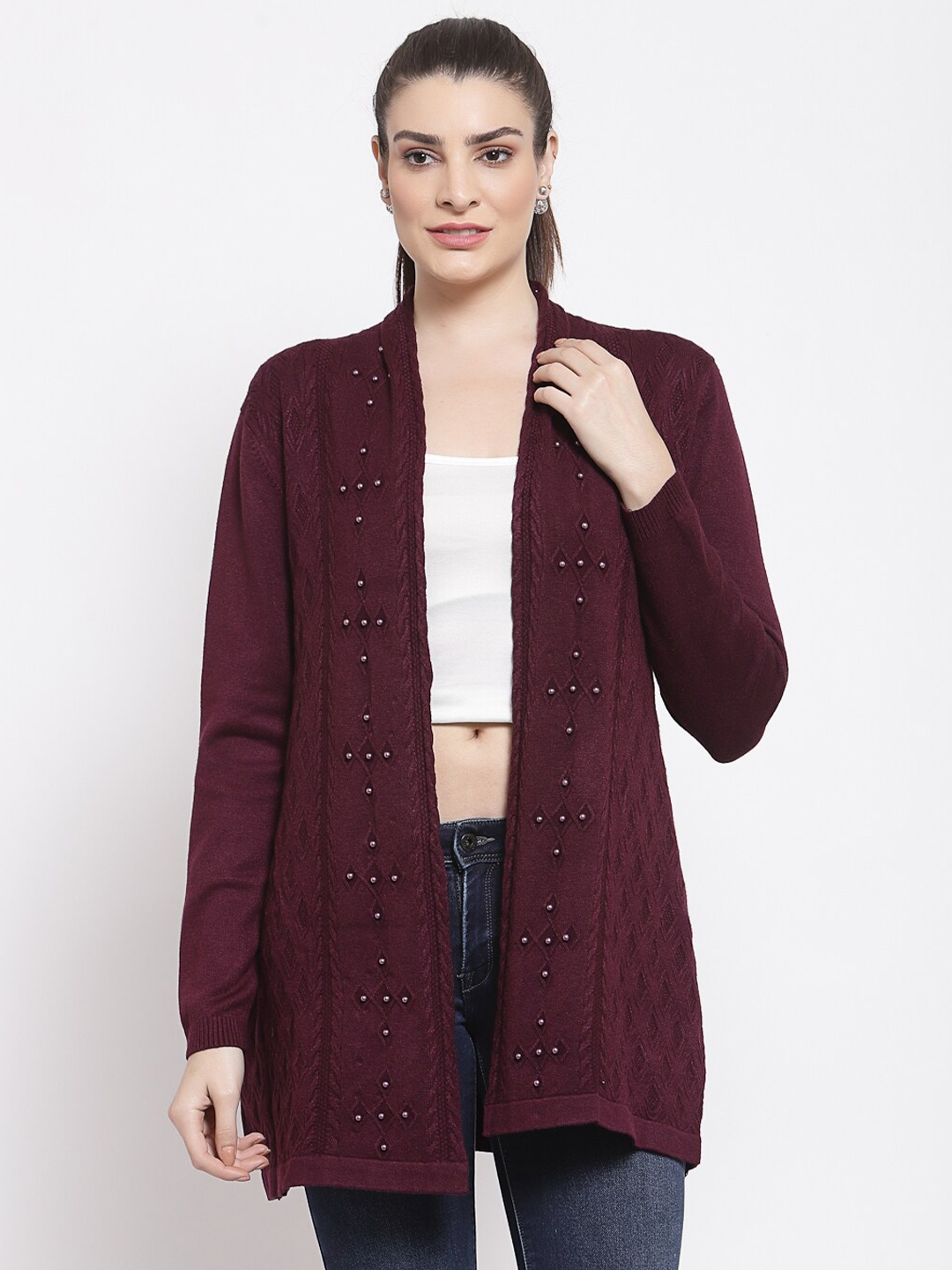 

Mafadeny Women Purple Embellished Longline Shrug