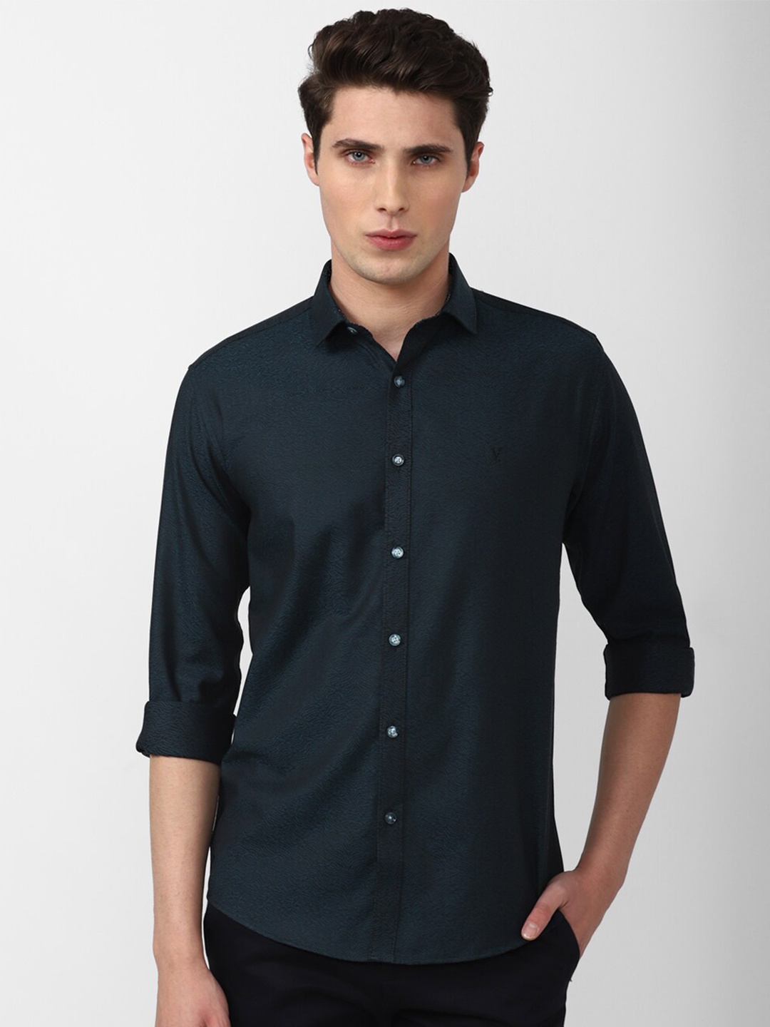 

V Dot Men Slim Fit Printed Pure Cotton Shirt, Navy blue