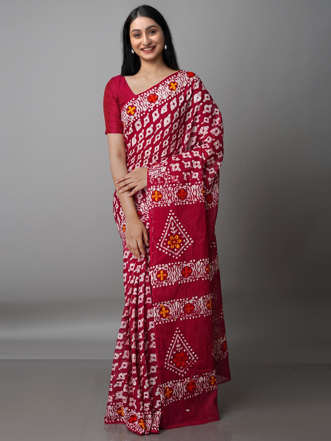 

Unnati Silks Maroon & White Batik Pure Cotton Kota Saree