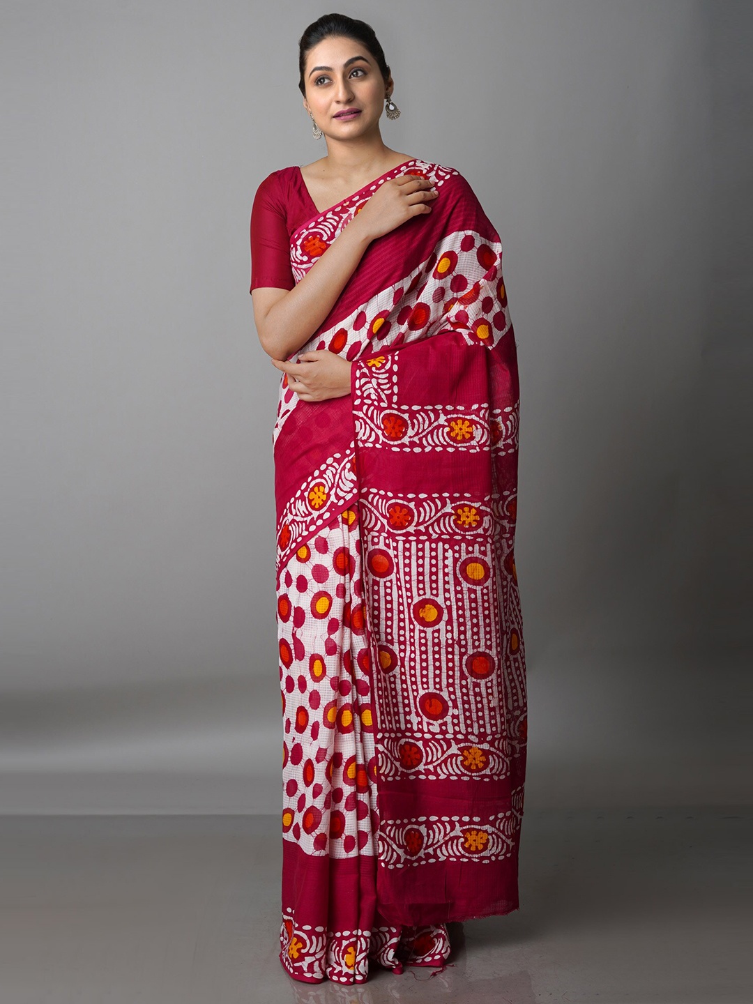 

Unnati Silks Maroon & White Batik Pure Cotton Kota Saree