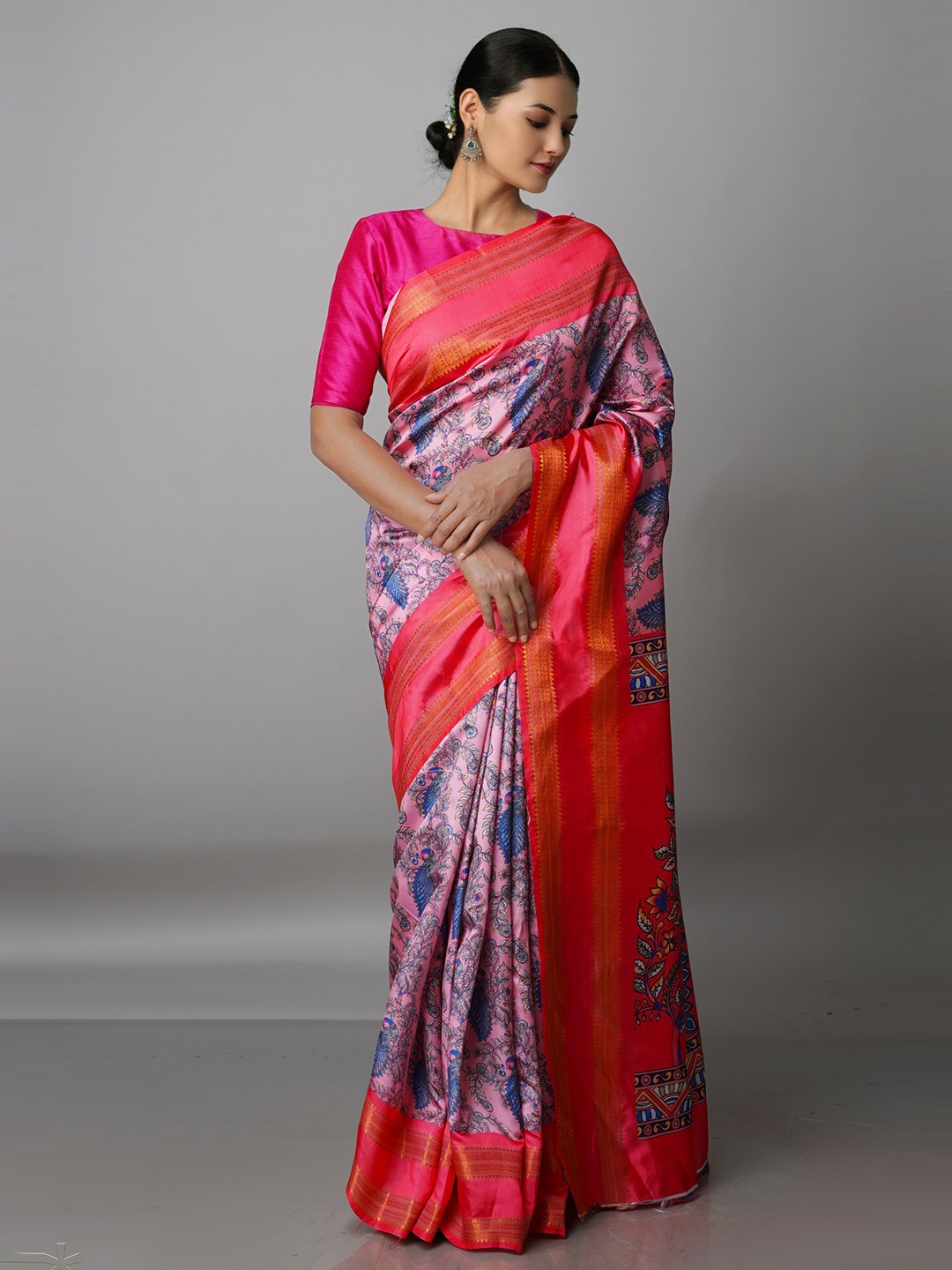 

Unnati Silks Pink & Blue Kalamkari Zari Silk Blend Kanjeevaram Saree