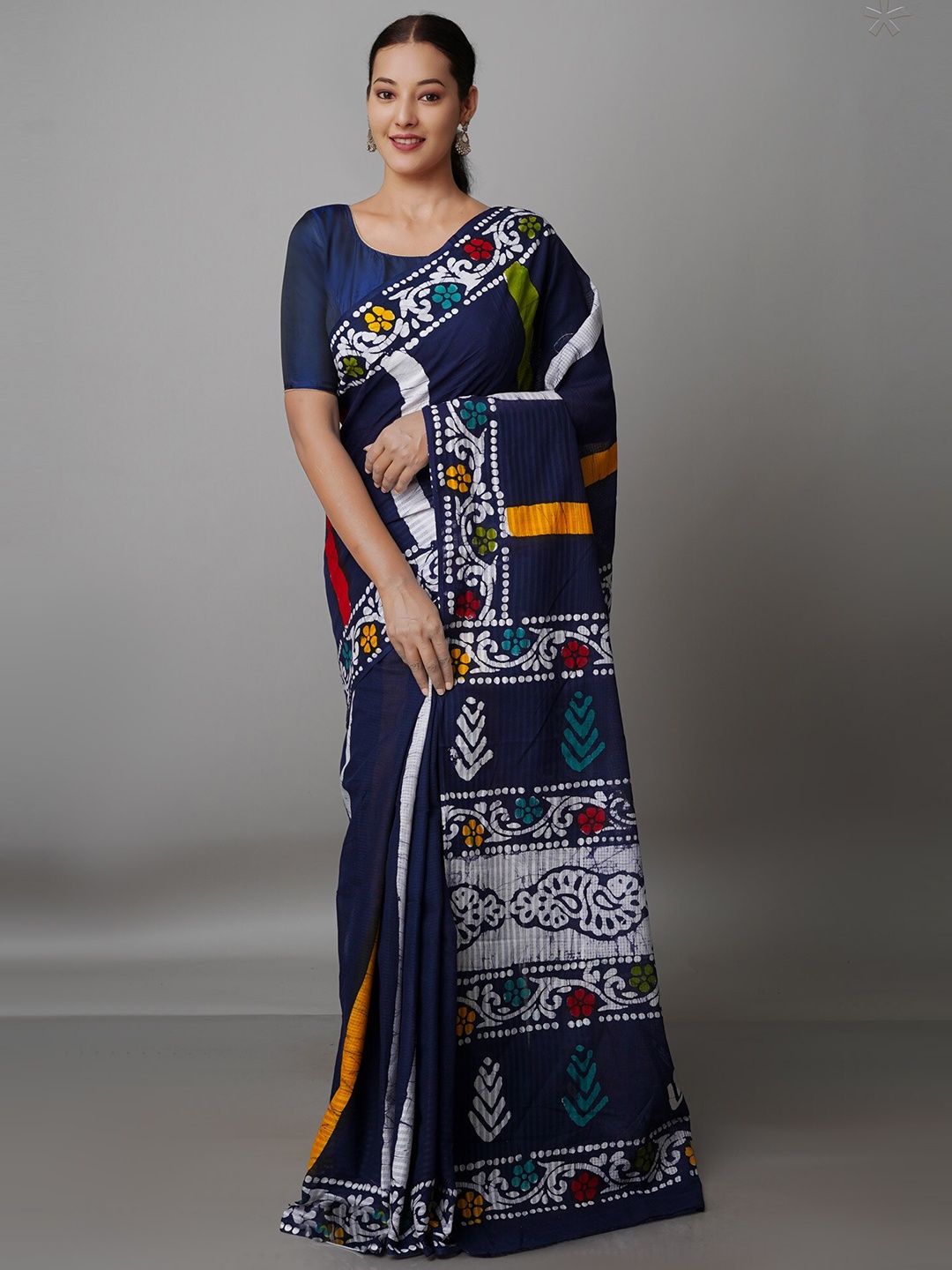 

Unnati Silks Navy Blue & White Batik Pure Cotton Kota Saree