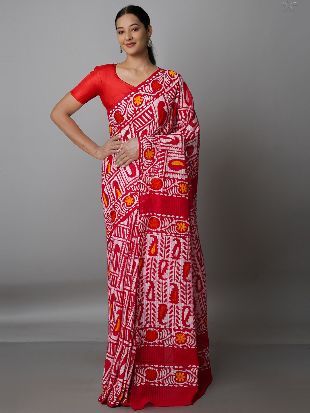 

Unnati Silks Red & White Batik Pure Cotton Kota Saree