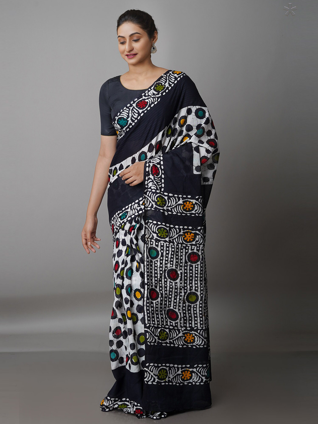 

Unnati Silks Black & White Batik Pure Cotton Kota Saree