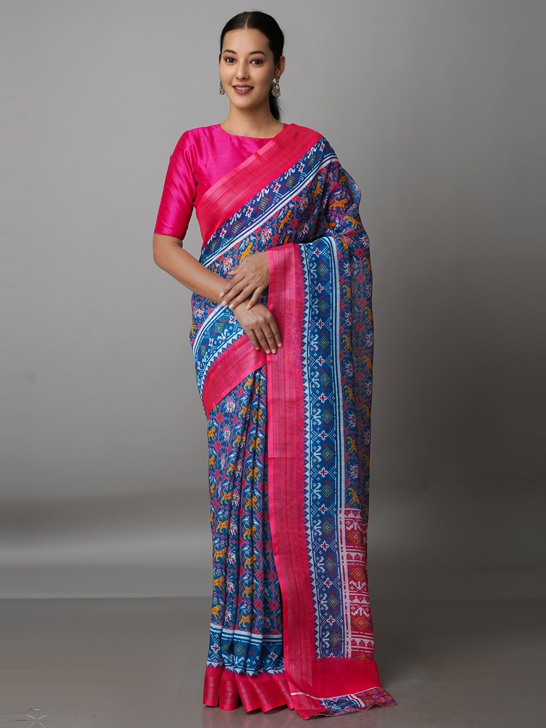 

Unnati Silks Blue Ethnic Motifs Linen Blend Jamdani Saree