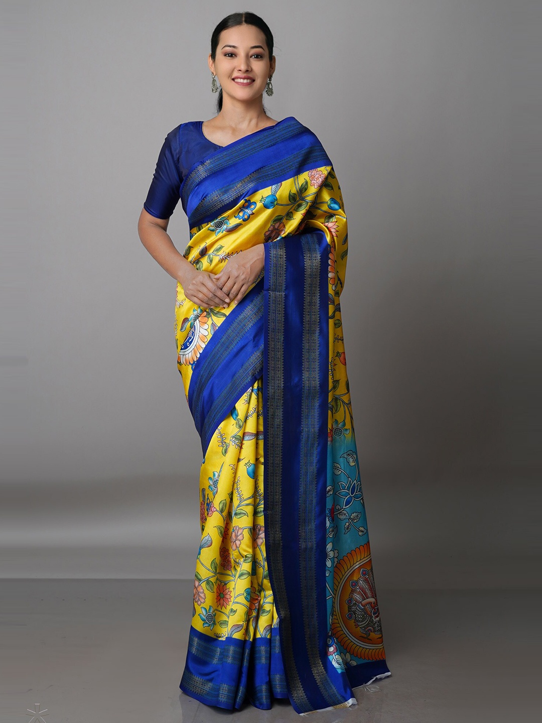 

Unnati Silks Yellow & Blue Kalamkari Zari Silk Blend Kanjeevaram Saree