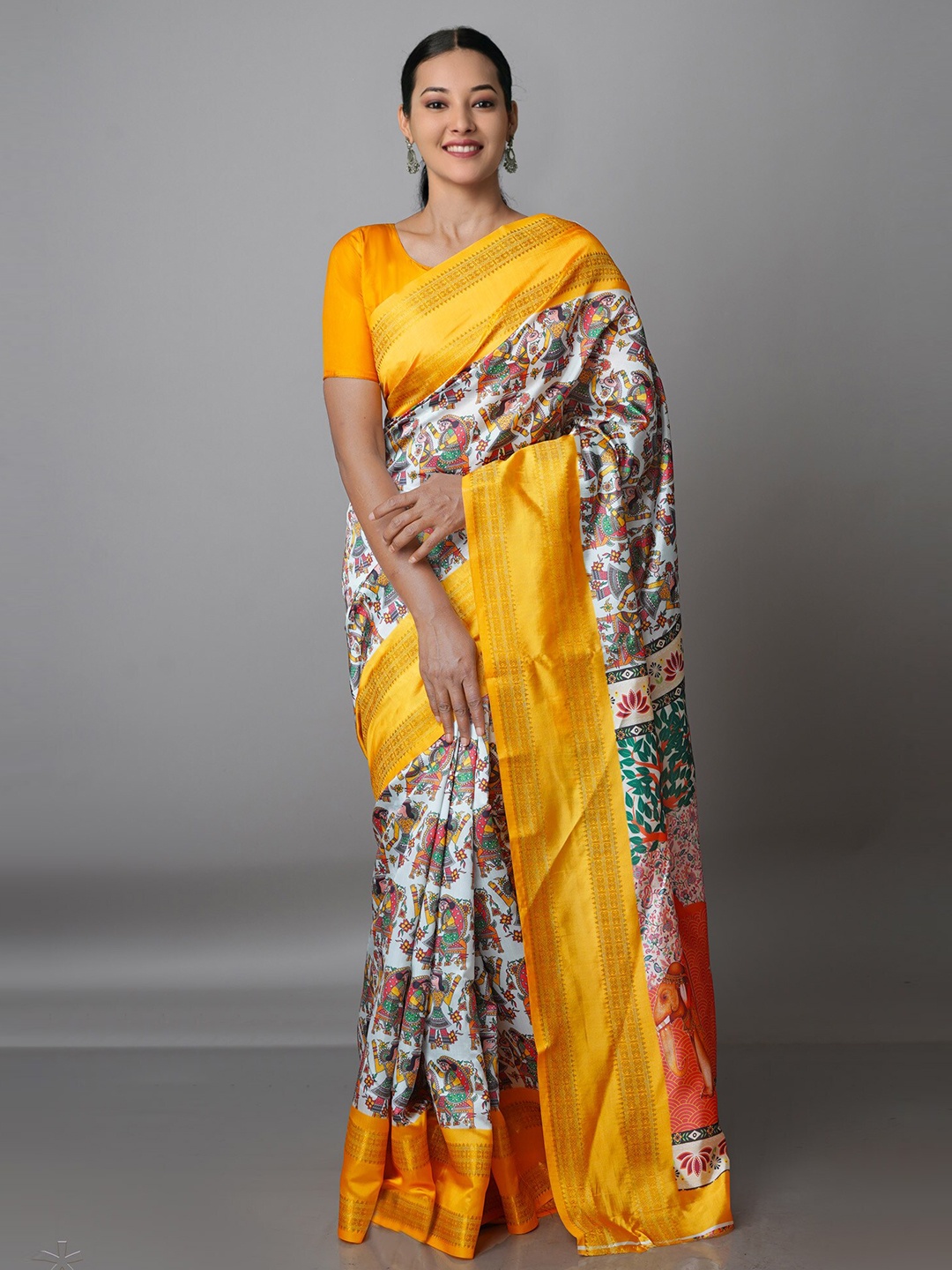 

Unnati Silks White & Green Kalamkari Zari Silk Blend Kanjeevaram Saree