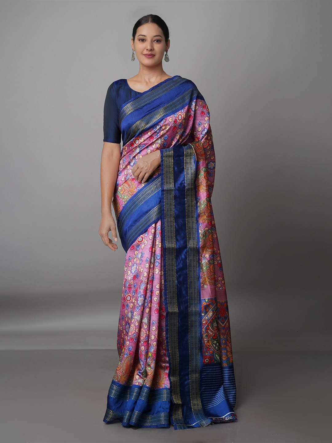 

Unnati Silks Pink & Blue Kalamkari Zari Silk Blend Kanjeevaram Saree