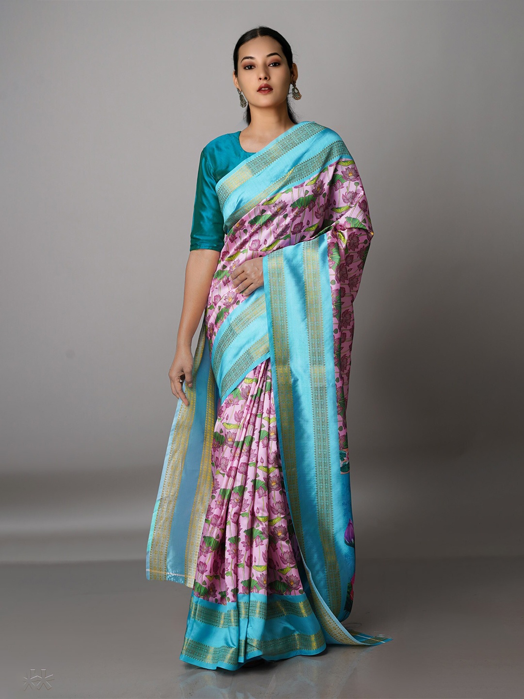 

Unnati Silks Blue & Pink Kalamkari Zari Silk Blend Kanjeevaram Saree