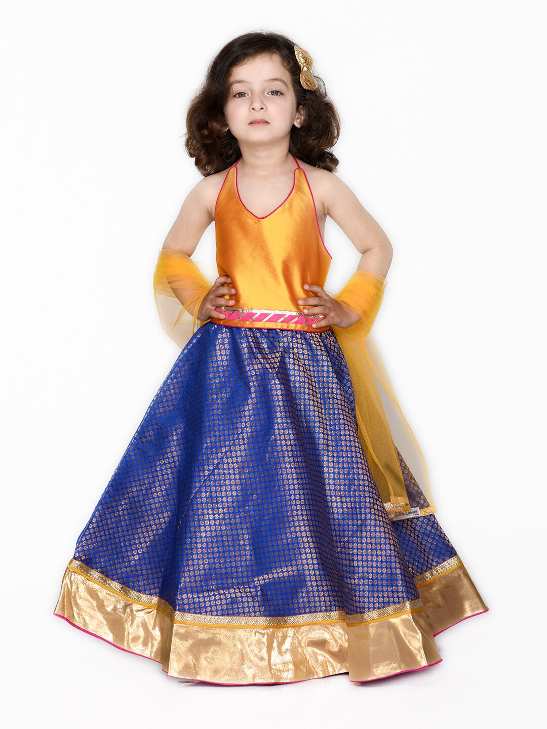 

SAKA DESIGNS Girls Orange & Blue Ready to Wear Lehenga & Blouse With Dupatta