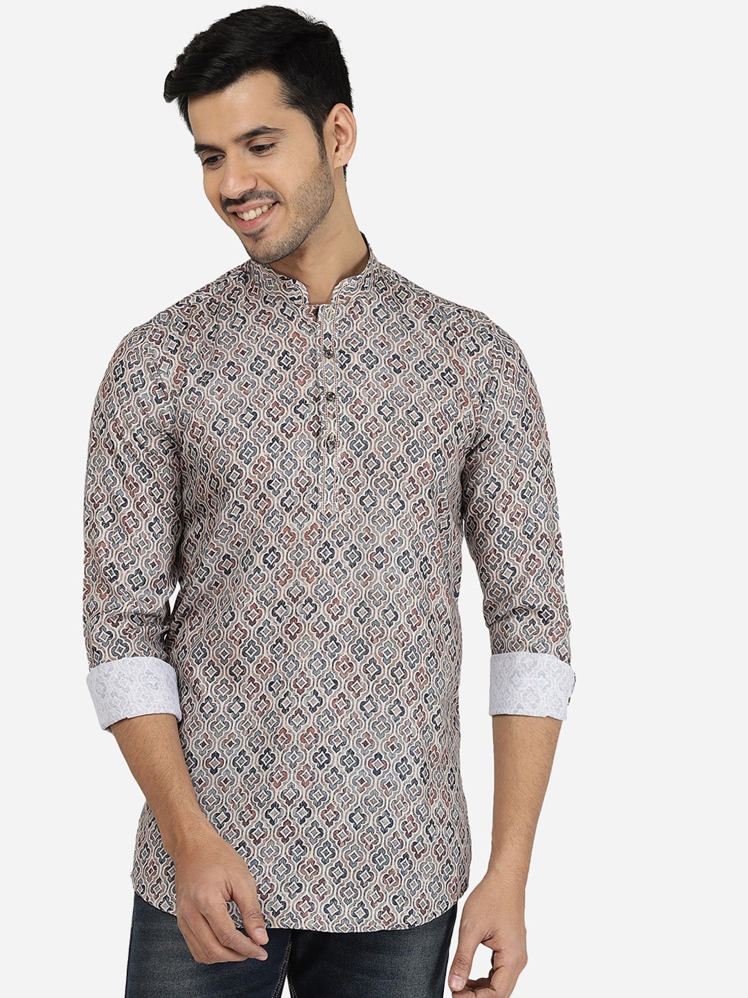 

JB STUDIO Men Grey Ethnic Motifs Printed Thread Work Cotton Kurta