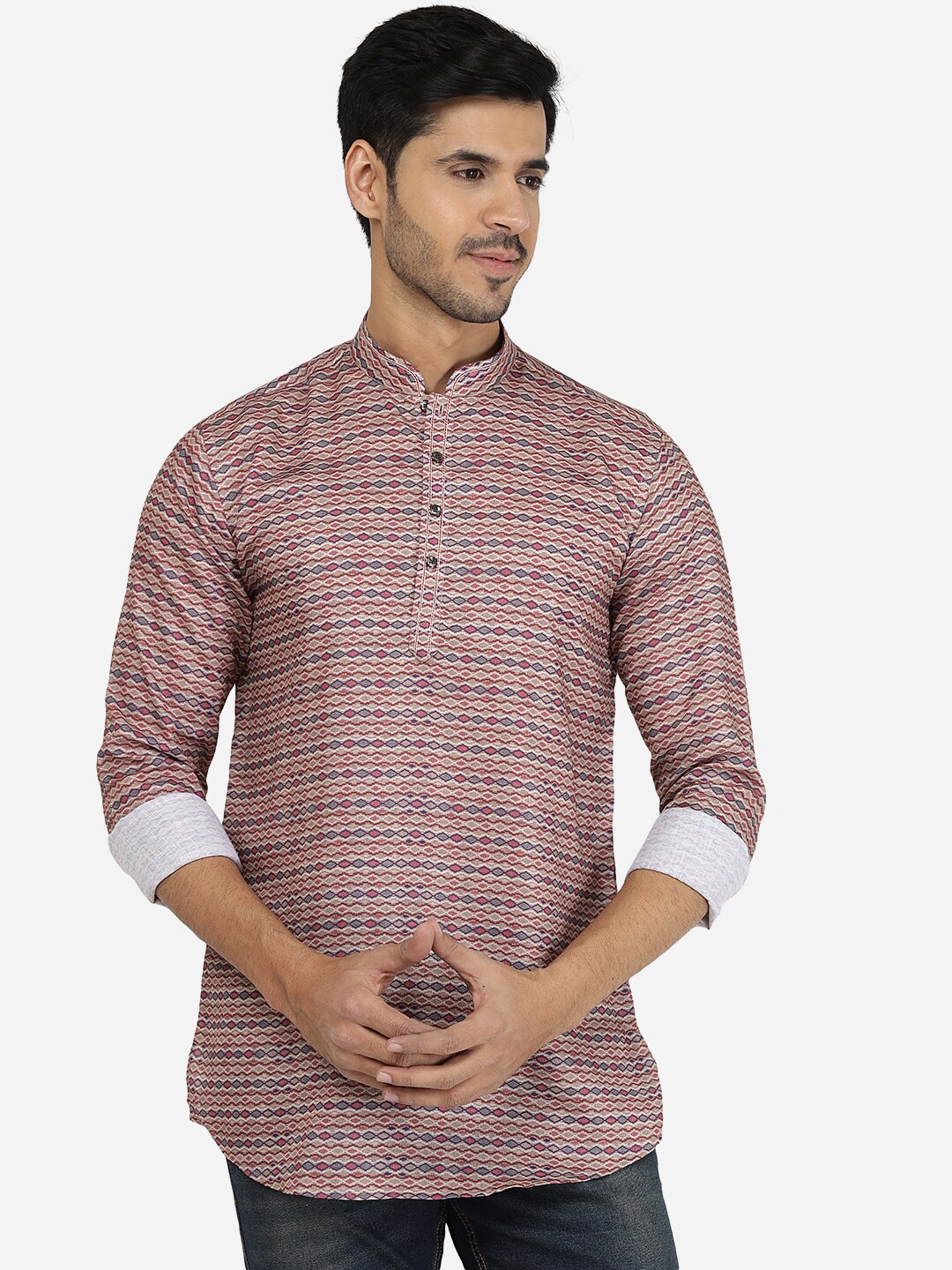 

JB STUDIO Men Brown Geometric Printed Thread Work Cotton Kurta