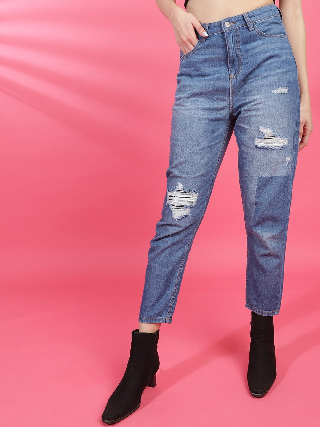 

Freehand by The Indian Garage Co Women High-Rise Highly Distressed Light Fade Pure Cotton Jeans, Blue