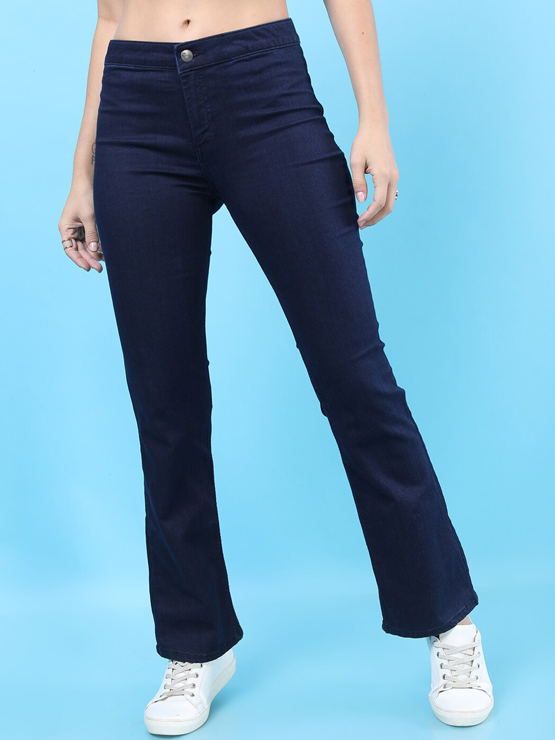

Freehand by The Indian Garage Co Women Bootcut Slash Knee Stretchable Cotton Jeans, Navy blue