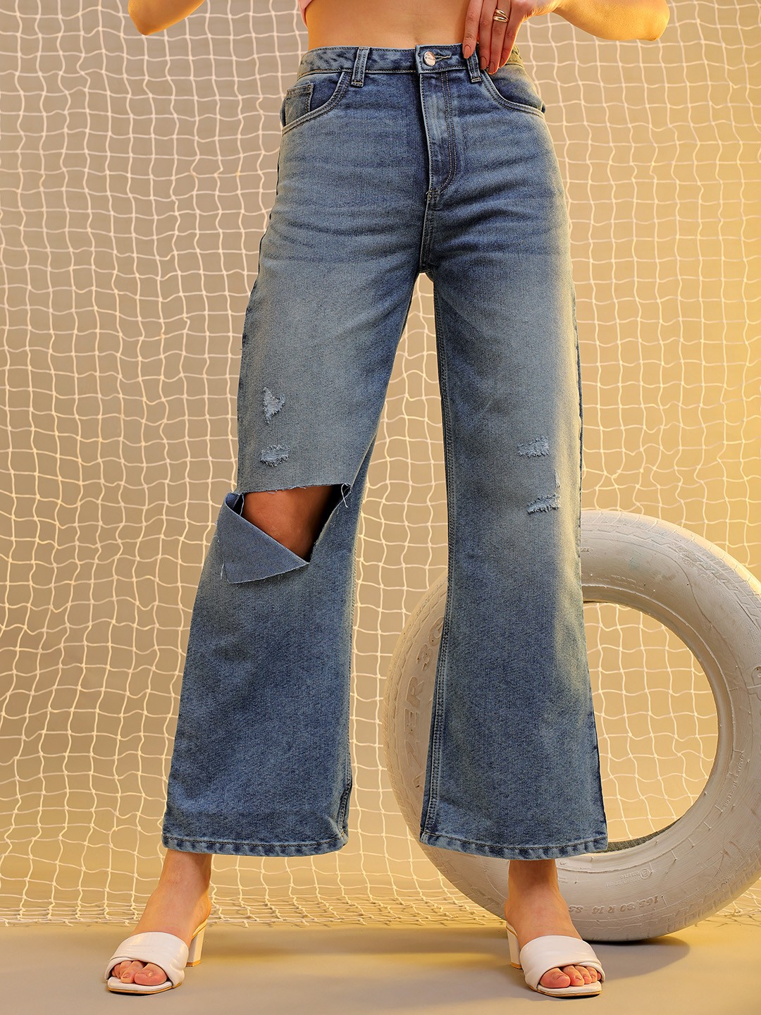 

Freehand by The Indian Garage Co Women Flared High-Rise Highly Distressed Light Fade Pure Cotton Jeans, Blue
