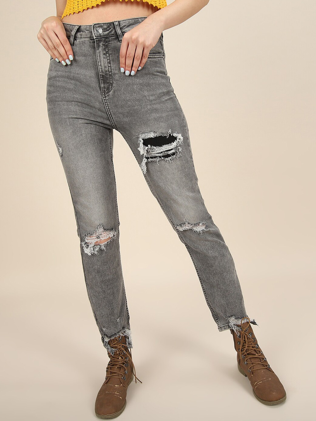 

Freehand by The Indian Garage Co Women Straight Fit Slash Knee Cotton Jeans, Grey
