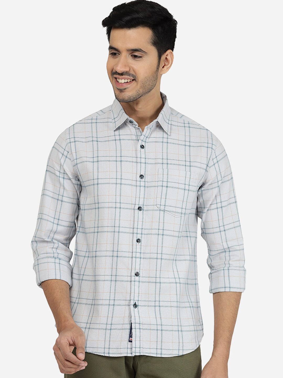 

Greenfibre Slim Fit Tartan Checks Checked Cotton Casual Shirt, Off white