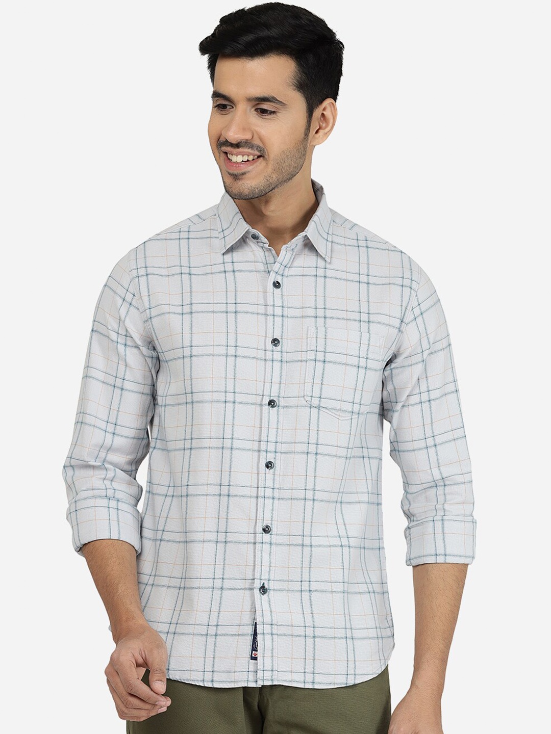

Greenfibre Men Slim Fit Tartan Checks Checked Cotton Casual Shirt, Grey