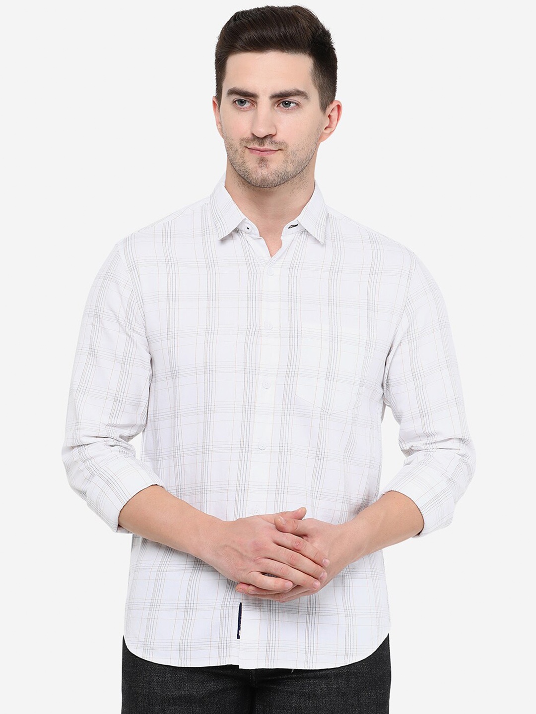 

Greenfibre Slim Fit Windowpane Checked Cotton Casual Shirt, White