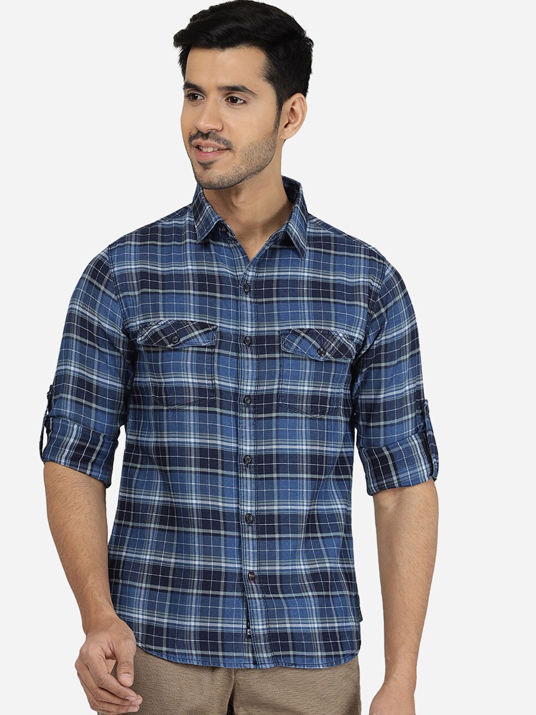 

Greenfibre Men Slim Fit Tartan Checks Cotton Casual Shirt, Blue