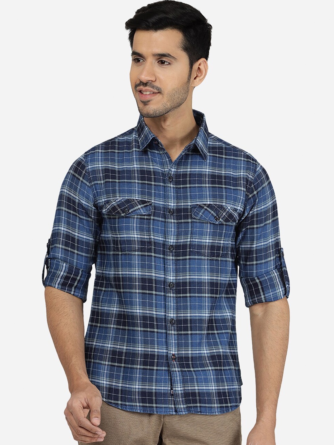 

Greenfibre Men Slim Fit Tartan Checked Cotton Casual Shirt, Blue