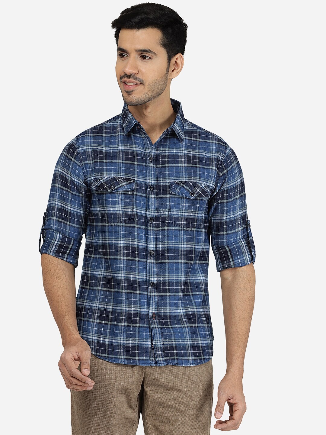 

Greenfibre Men Slim Fit Tartan Checked Cotton Casual Shirt, Blue