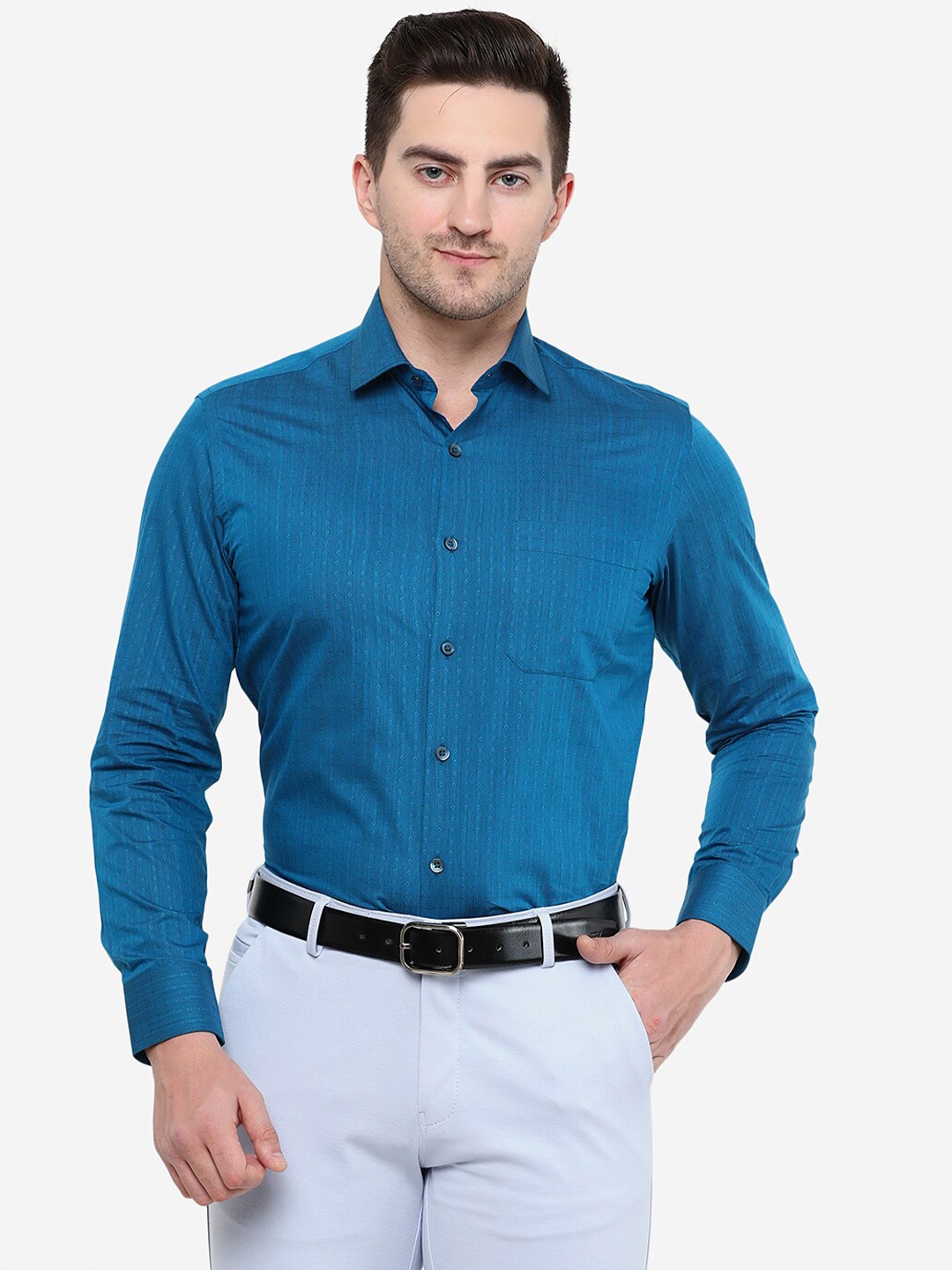 

Greenfibre Men Slim Fit Printed Cotton Formal Shirt, Blue