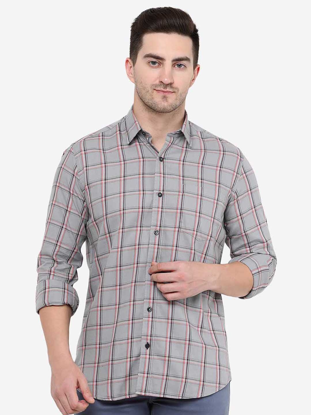 

Greenfibre Men Slim Fit Checked Cotton Casual Shirt, Grey