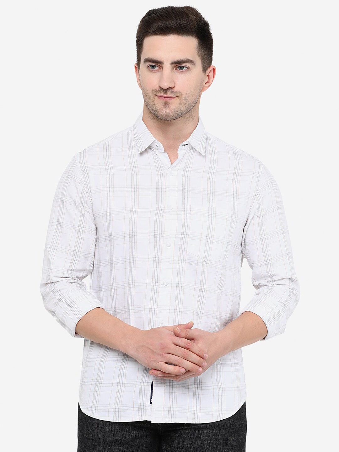 

Greenfibre Men Slim Fit Windowpane Checked Cotton Casual Shirt, White