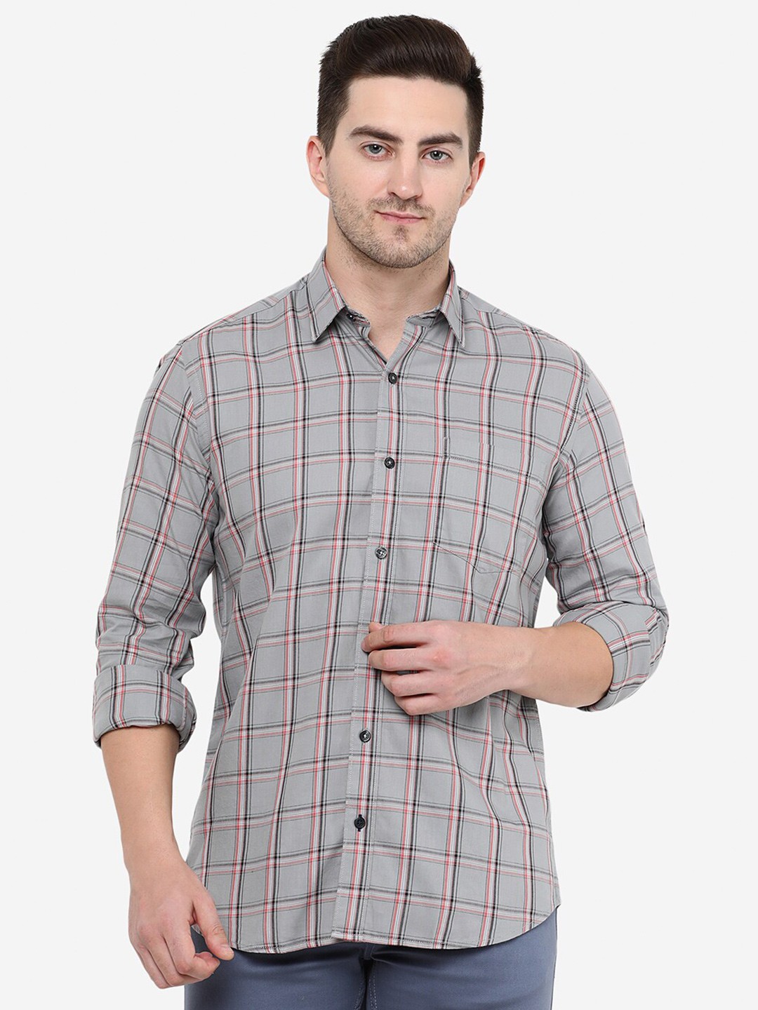 

Greenfibre Slim Fit Checked Cotton Casual Shirt, Grey