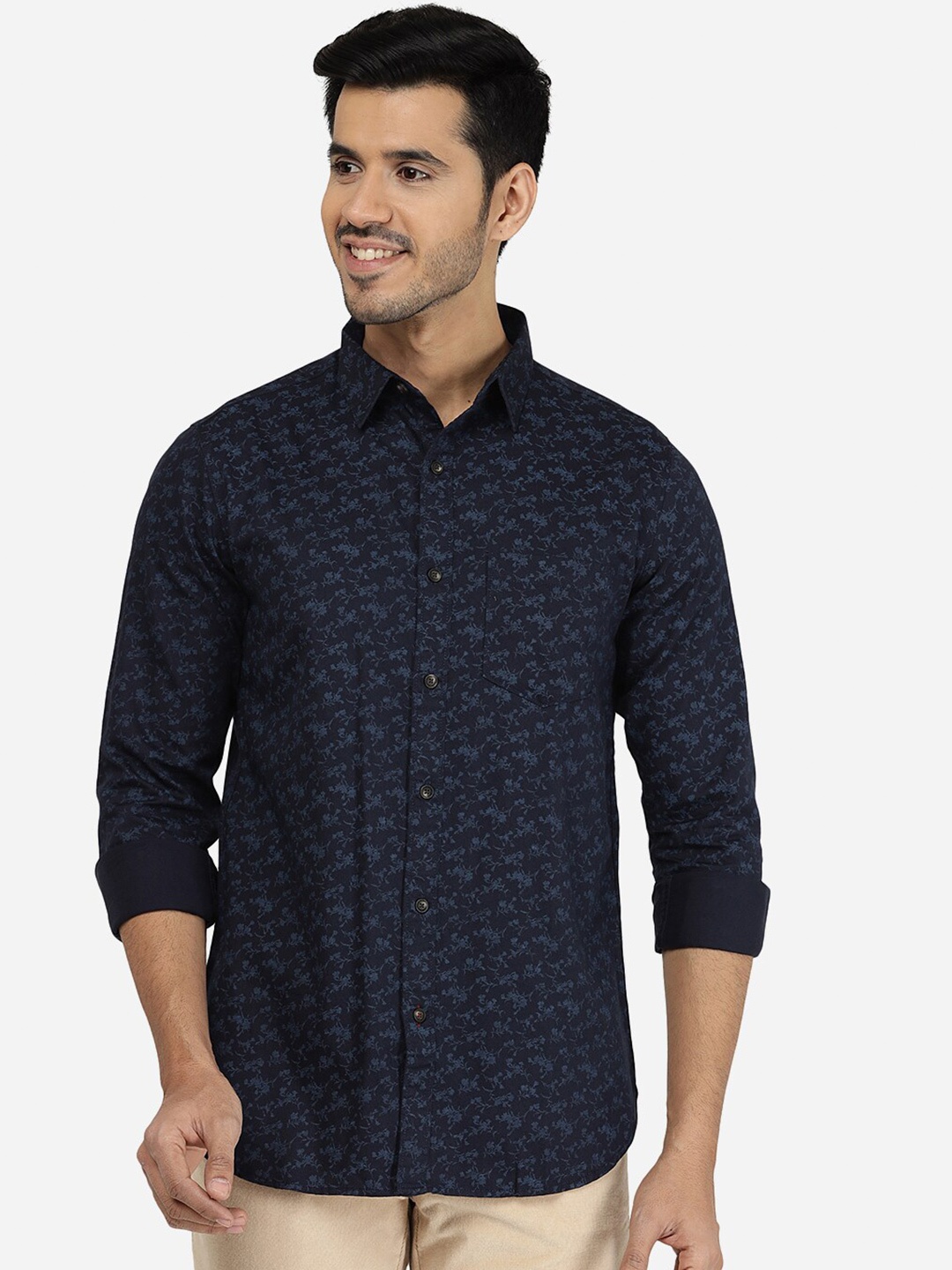 

JADE BLUE Slim Fit Floral Printed Cotton Casual Shirt, Navy blue