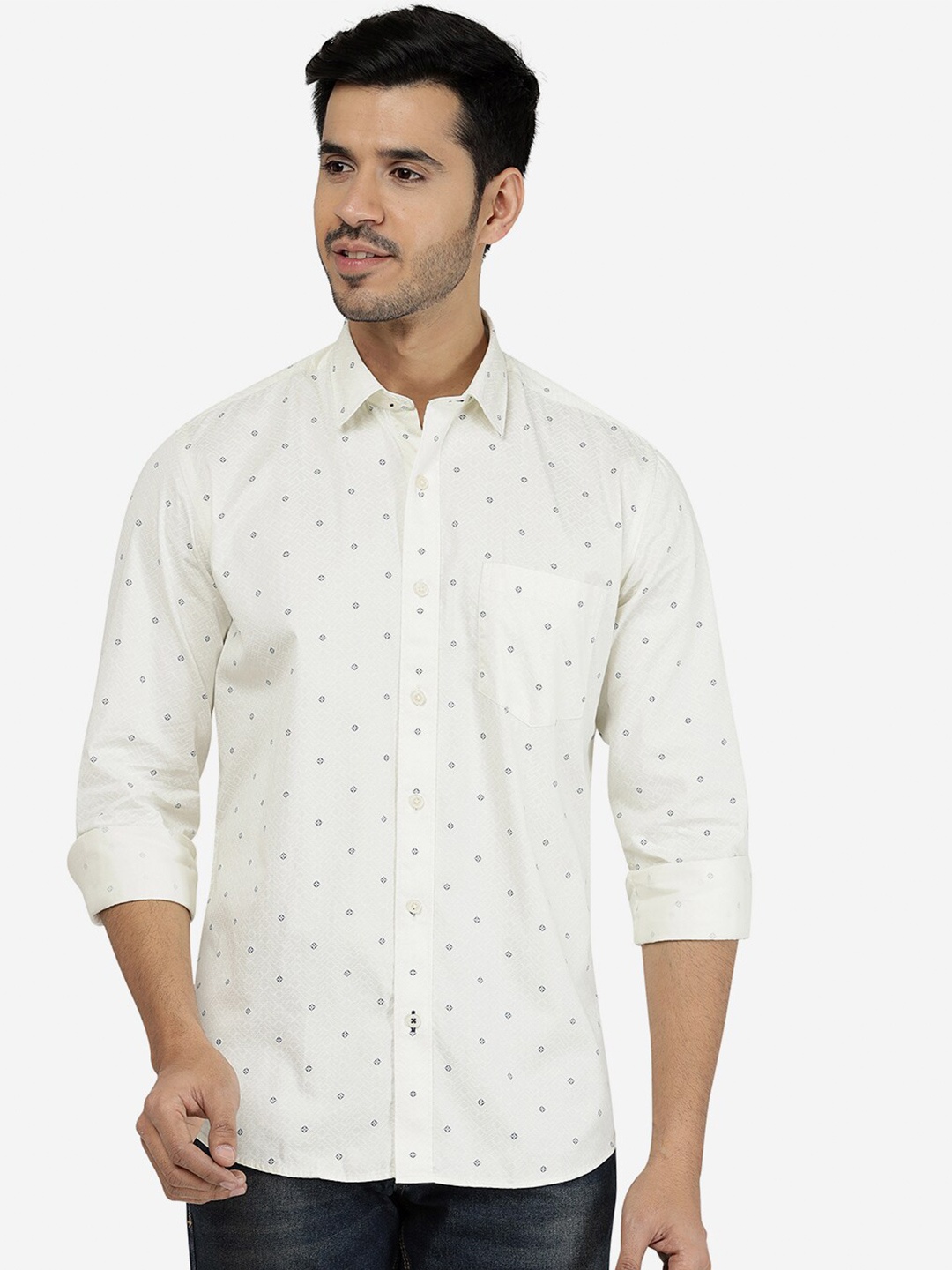 

JADE BLUE Men Slim Fit Printed Cotton Casual Shirt, Beige