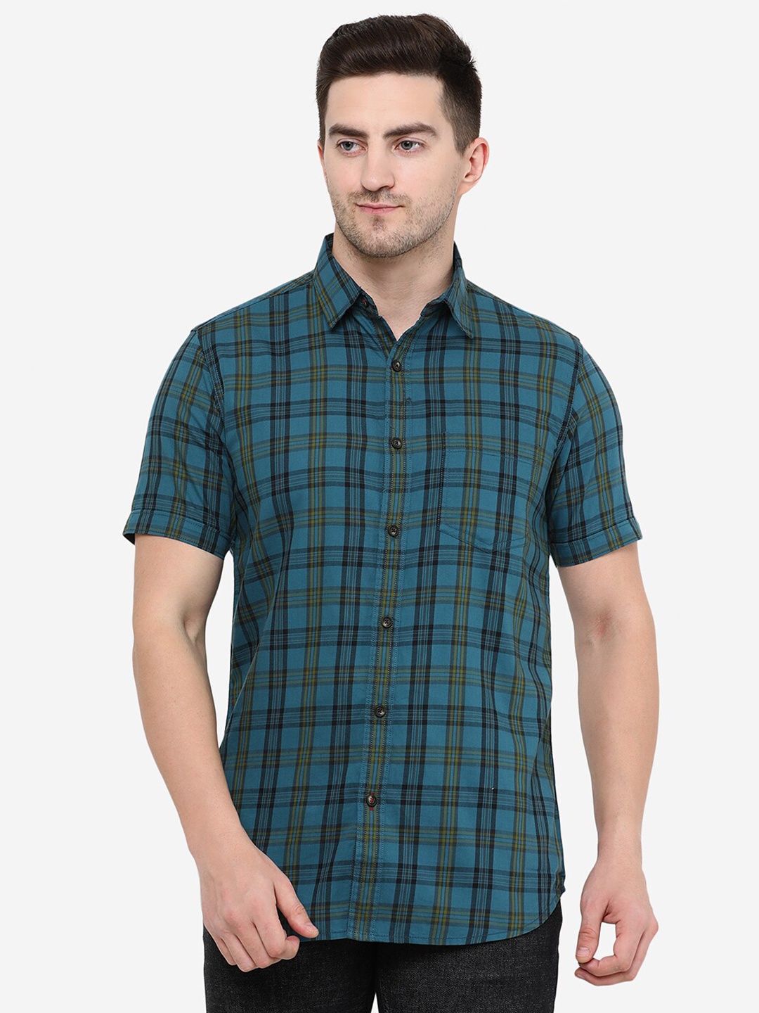 

JADE BLUE Men Slim Fit Tartan Checked Cotton Casual Shirt