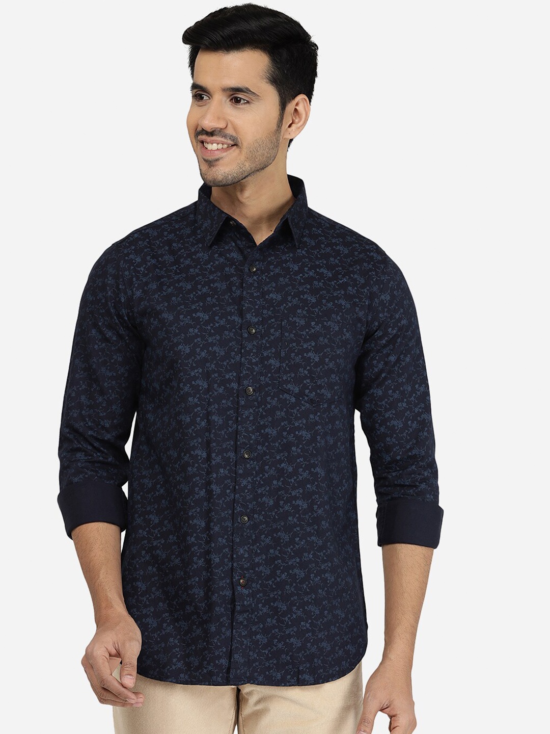 

JADE BLUE Slim Fit Floral Printed Cotton Casual Shirt, Navy blue