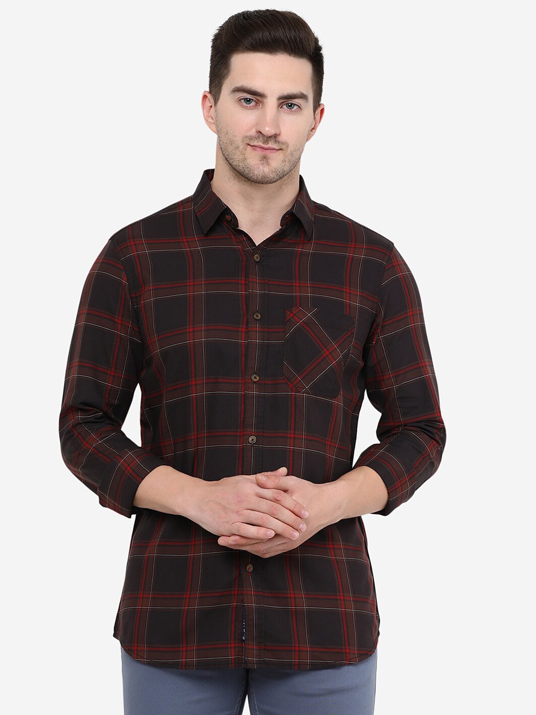 

JADE BLUE Men Slim Fit Tartan Checked Cotton Casual Shirt, Maroon