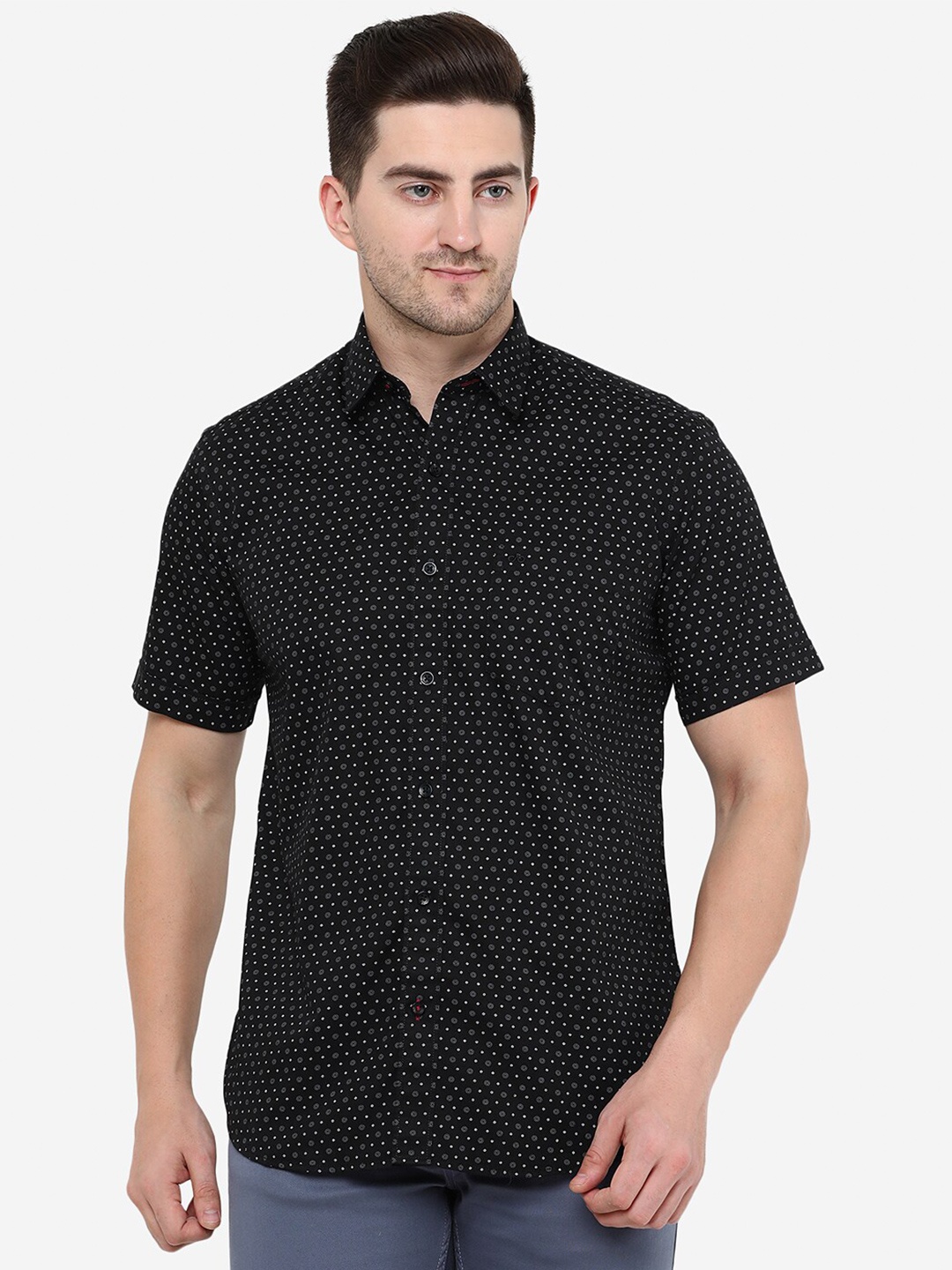 

JADE BLUE Men Slim Fit Printed Cotton Casual Shirt, Black