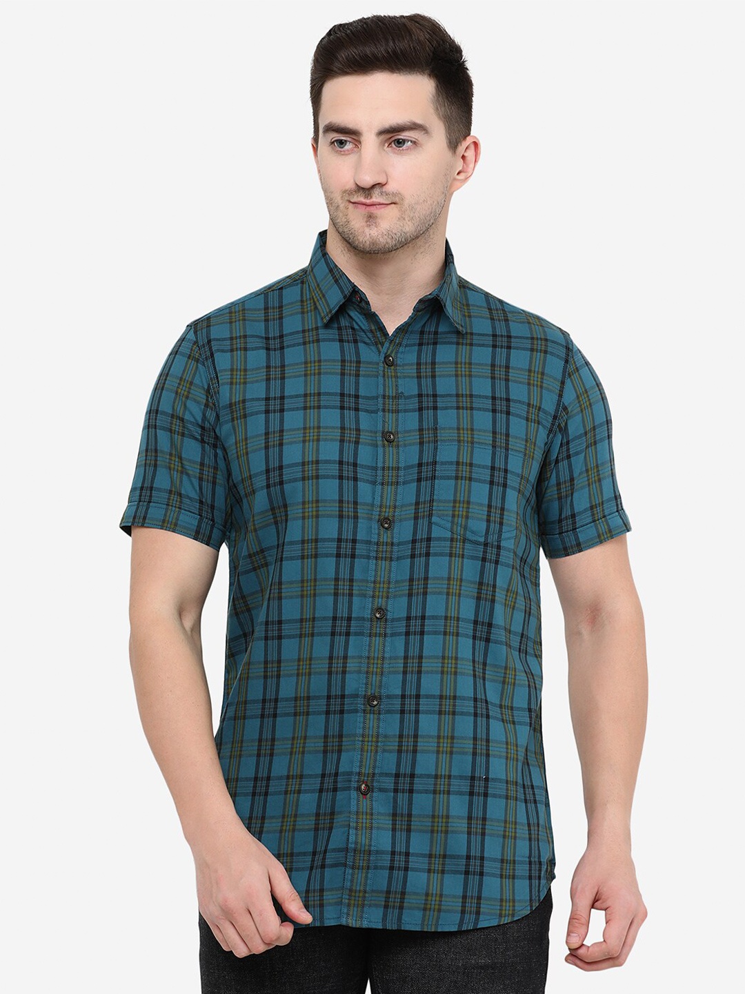 

JADE BLUE Men Slim Fit Tartan Checked Cotton Casual Shirt